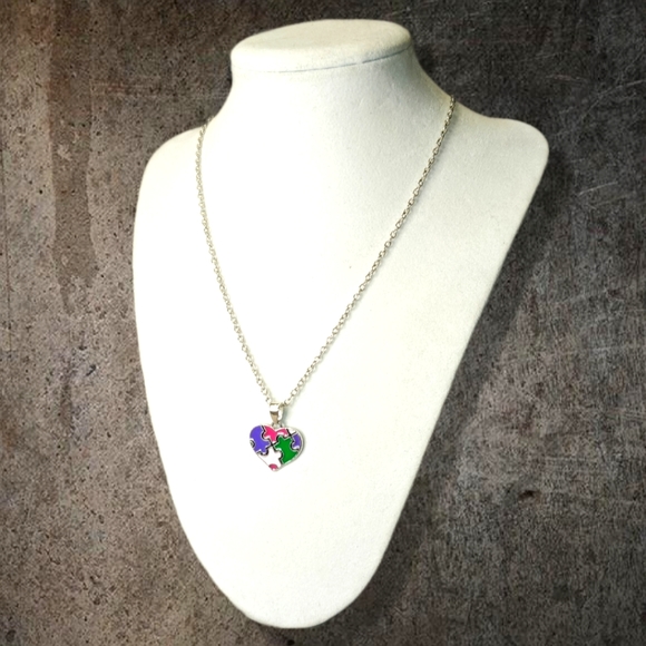 New Autism Awareness Necklace Heart Puzzle Piece Charm Silver Chain Pink - Picture 6 of 9